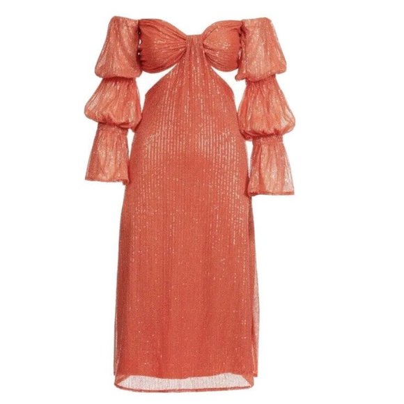 ALAMOUR THE LABEL Dress L NWT Dilara Orange Sequin Cutout Off Shoulder Midi - Picture 3 of 8